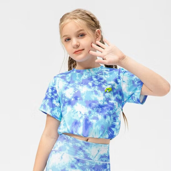 Colorful Patterned Sportswear Workout Clothing for Girls, 2 PCS Short Sleeve Crop Top & Athletic Leggings